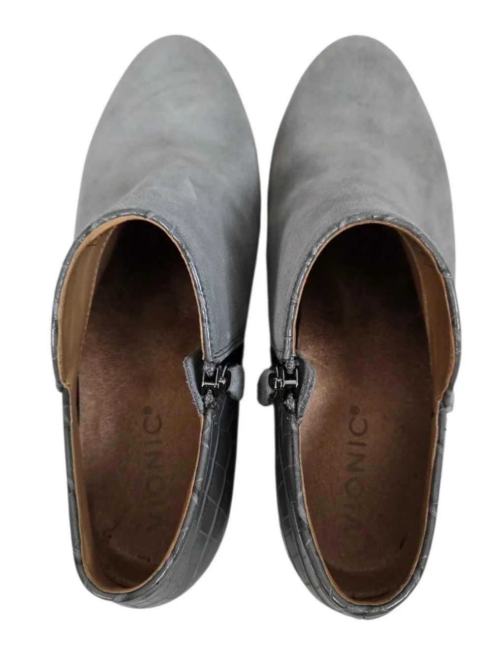 Vionic Grey Suede-Style Ankle Bootie with Croc-Embossed Heel